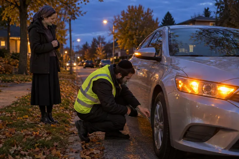 A Chaverim volunteer in a safety vest helping a driver beside her car on a Toronto street at dusk
